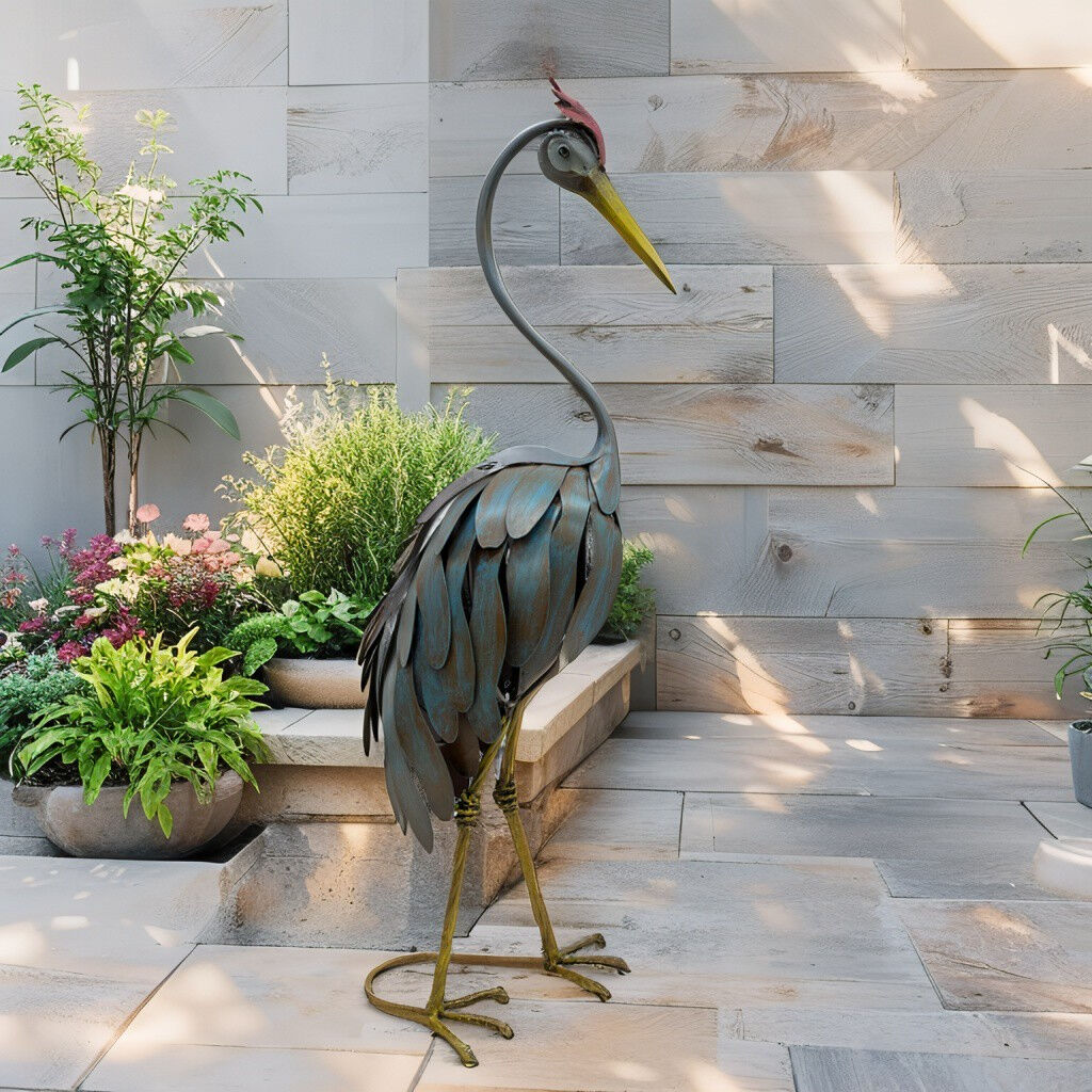 CRANE LOOKING DOWN LARGE FIGURINE METAL 70CM