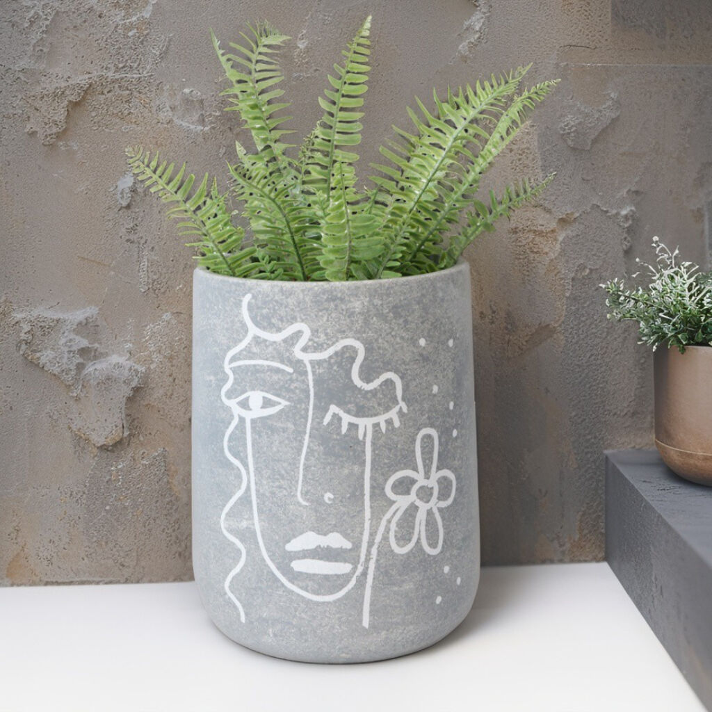 LINE FACE CEMENT FLOWER POT/PLANTER GREY 24CM