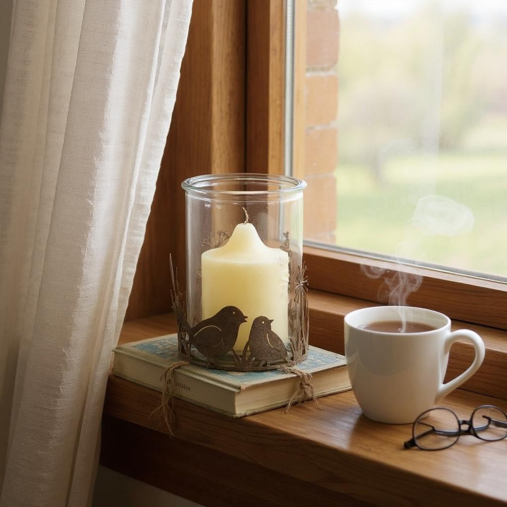 RUSTIC BIRD METAL/GLASS CANDLE HOLDERS SET OF 2 10.5CM