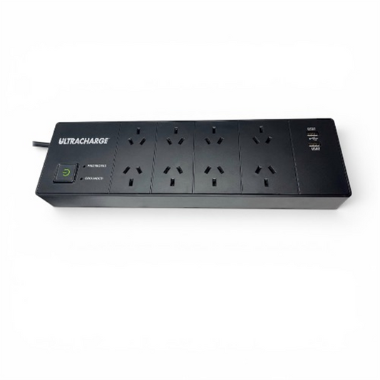 ULTRACHARGE 8 WAY SURGE PROTECTED POWER BOARD WITH 2 USB CHARGING PORTS BLACK