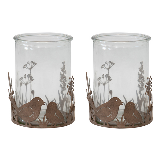 RUSTIC BIRD CANDLE HOLDERS SET OF 2 METAL GLASS