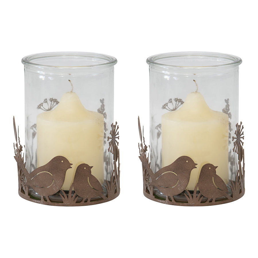 RUSTIC BIRD METAL/GLASS CANDLE HOLDERS SET OF 2 10.5CM